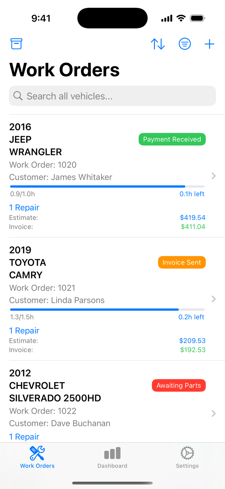Side Wrench Work Orders list on iPhone