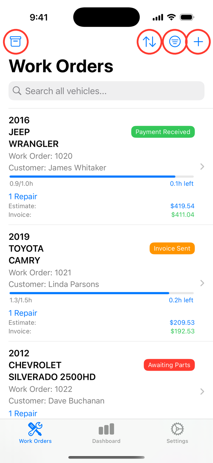 Work Orders toolbar buttons circled
