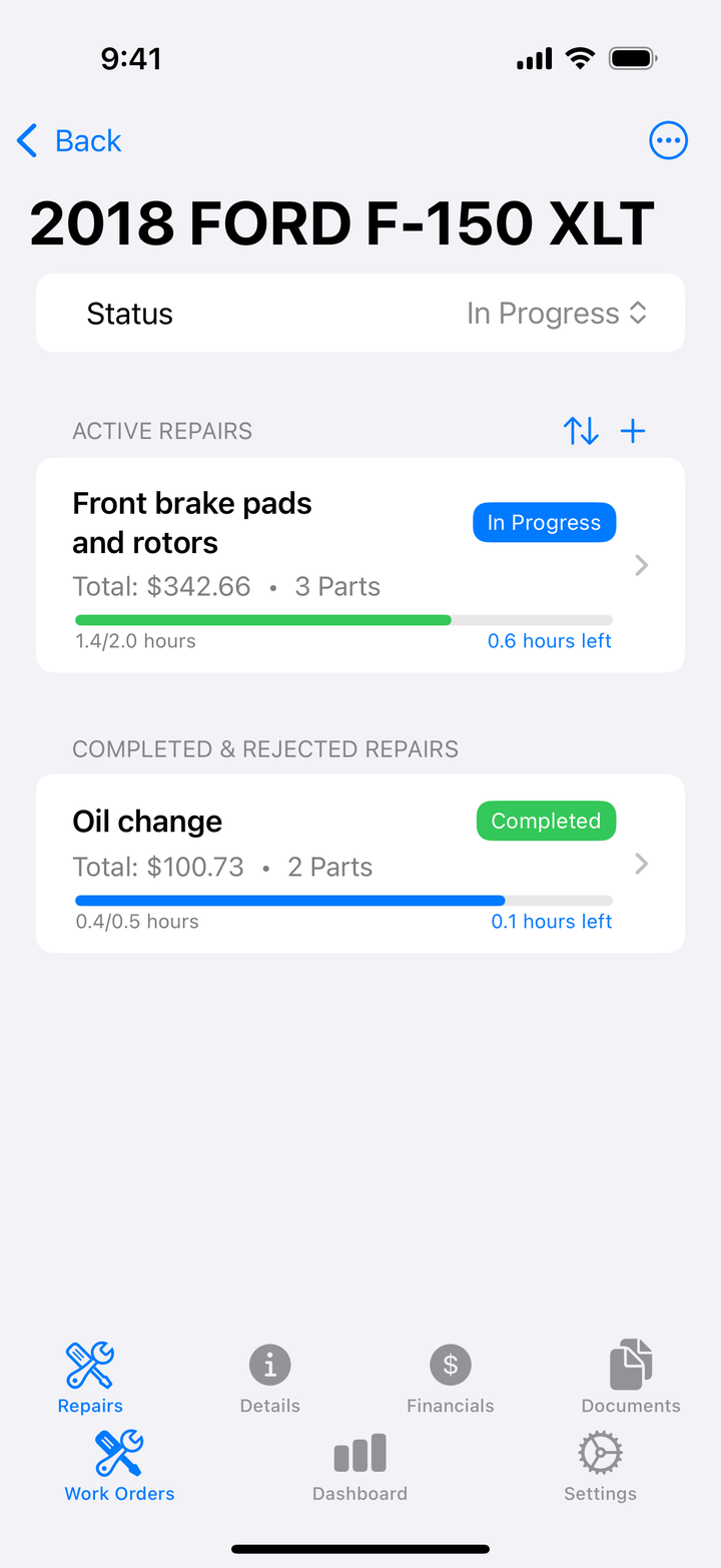 Work order with repairs listed
