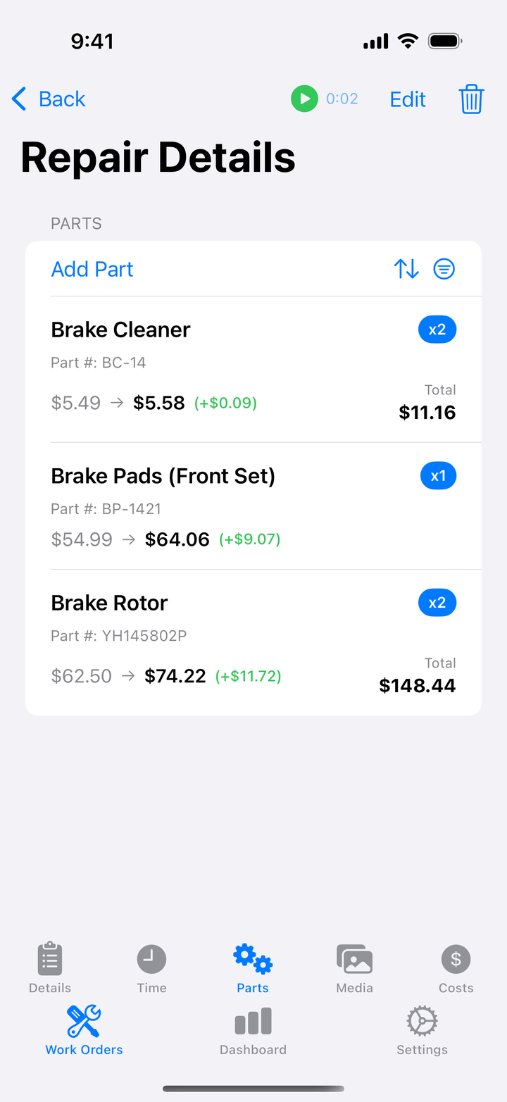 Parts list showing cost and marked-up price