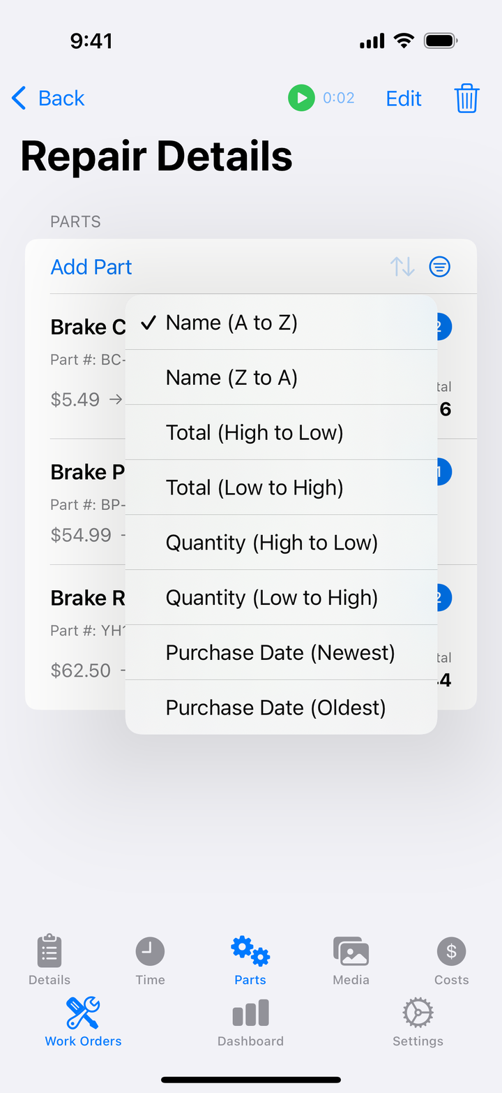 Parts sort menu options