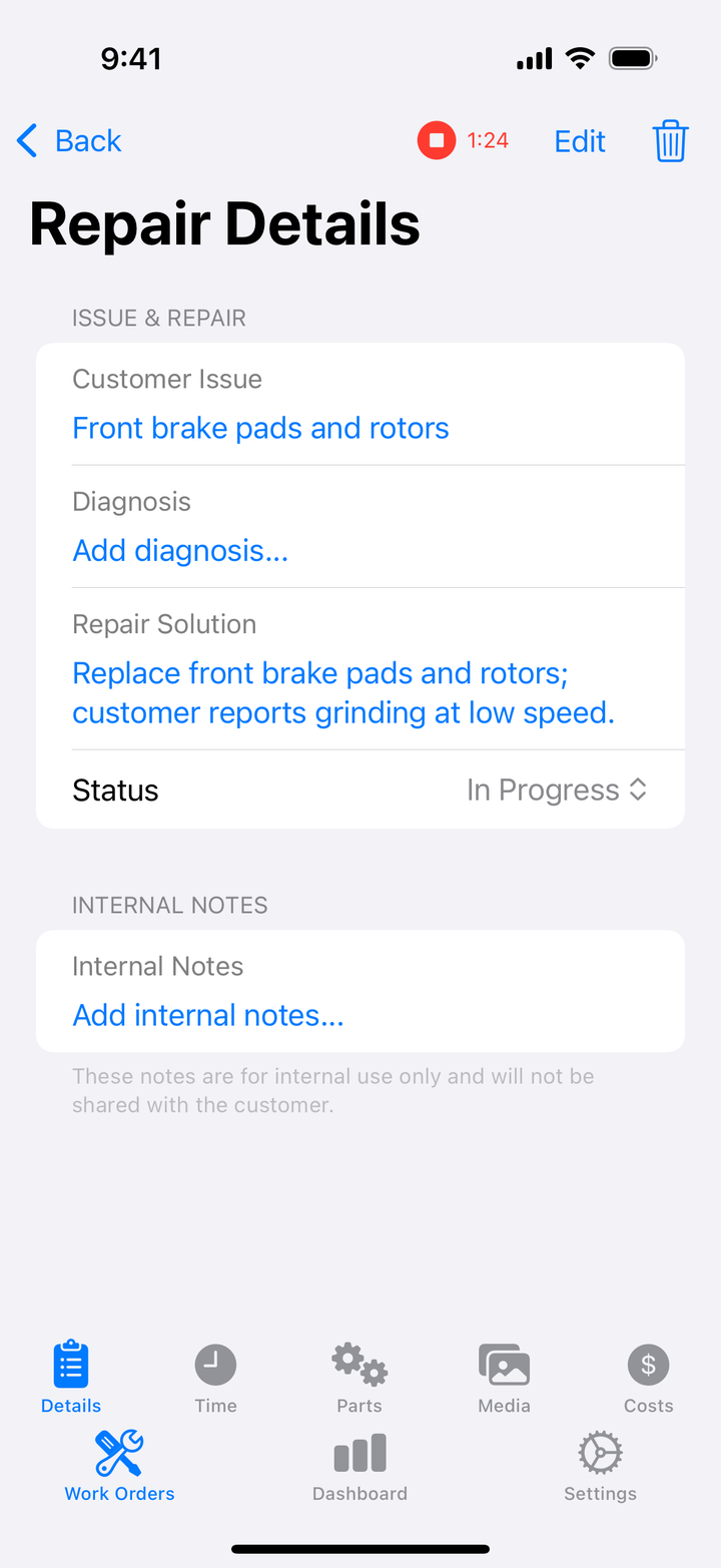 Repair with running timer