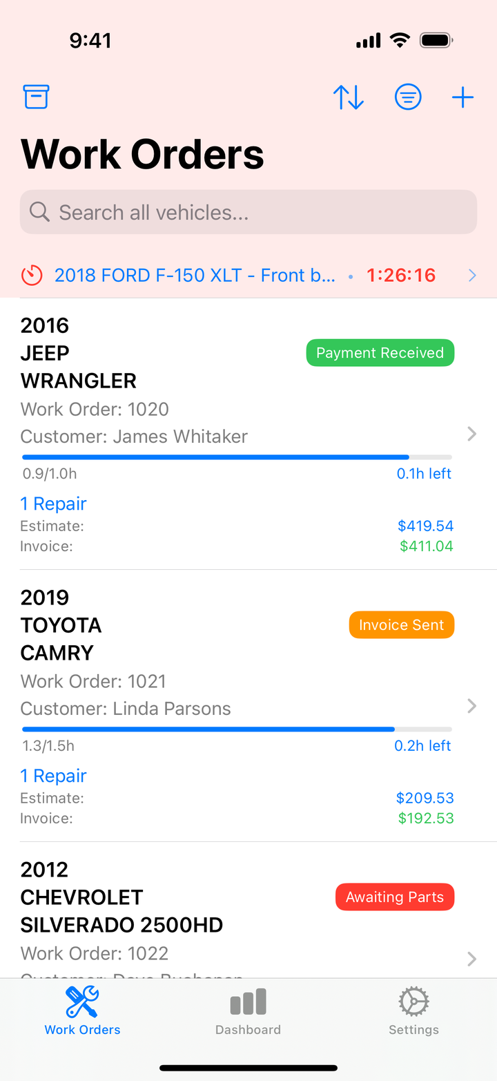 Work Orders list with active timer banner