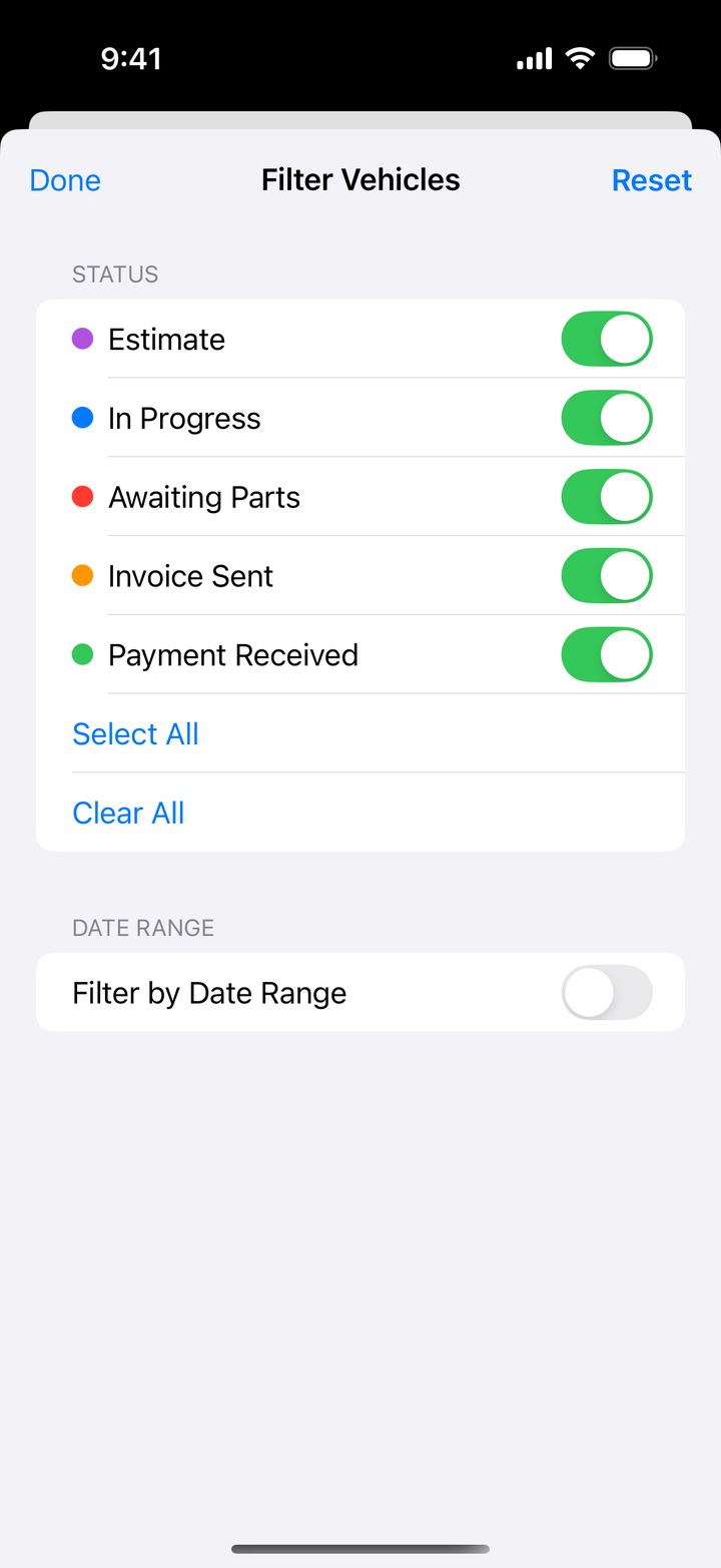 Filter Vehicles panel