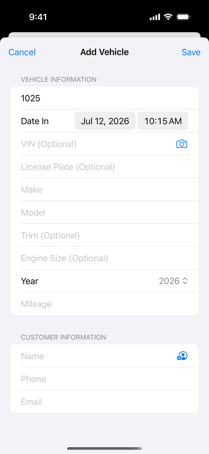 Add Vehicle form with VIN scan button