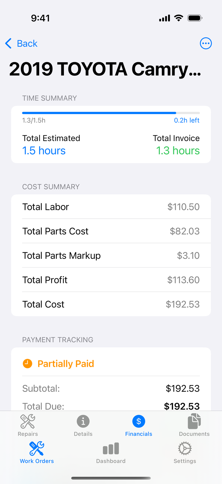 Work order Financials tab